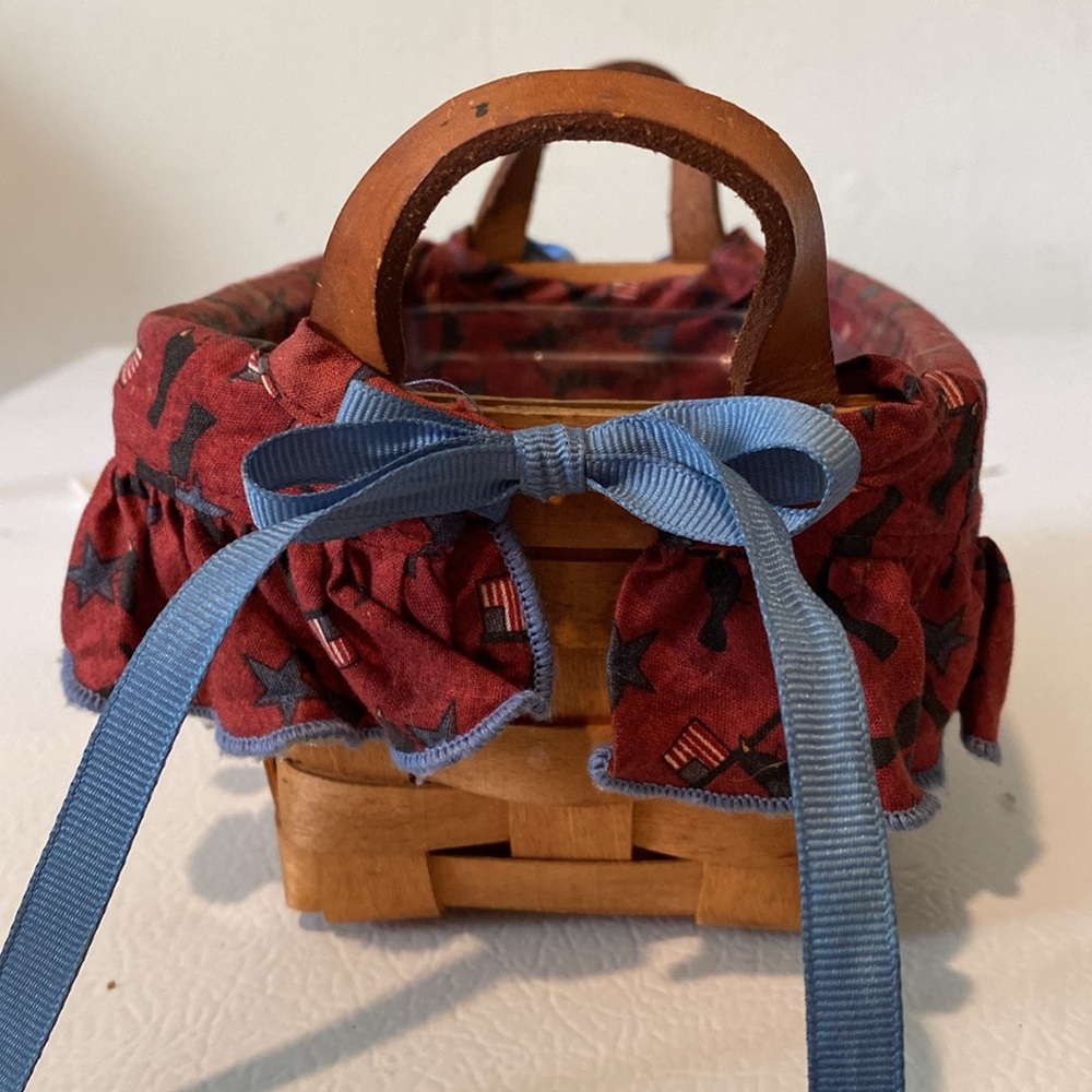 LongabergerTea Basket 10740 Stars Flags Fabric  7x5x4 leather Handles 1994 #104